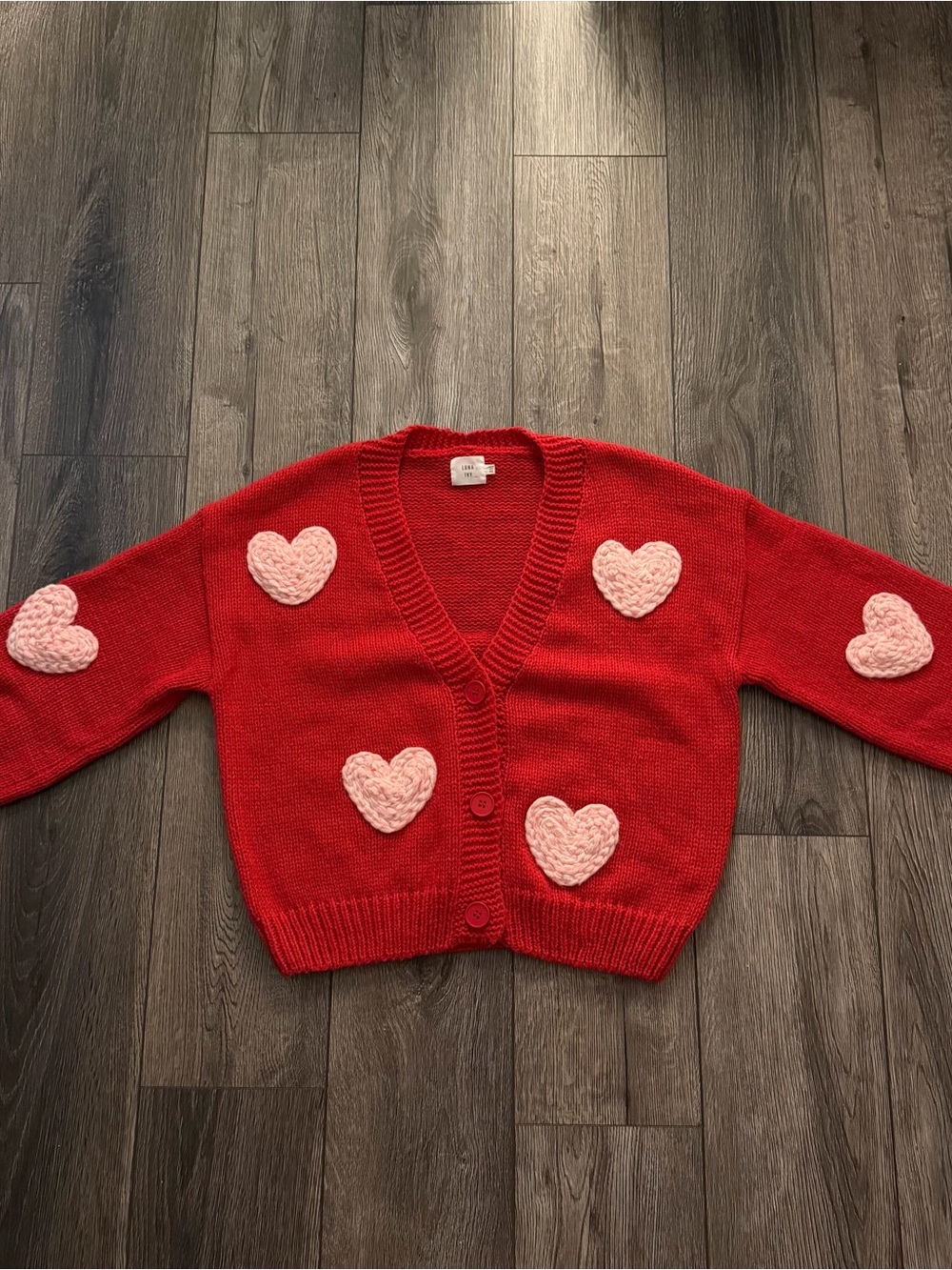 Red V-Neck Cardigan with Pink Heart Appliqués